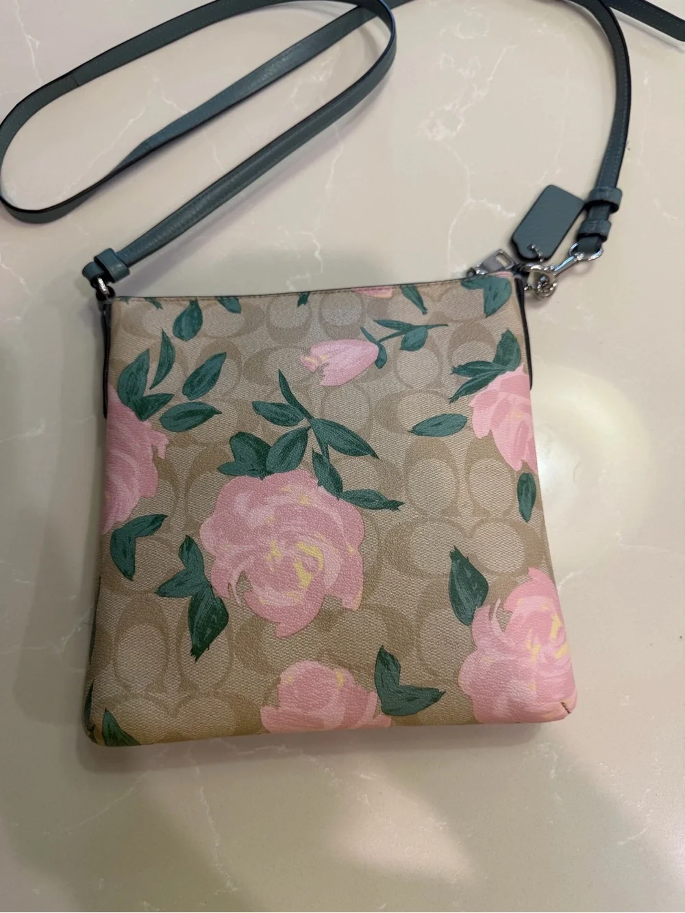 Coach Rose Floral Print Crossbody Bag in Tan and Pink